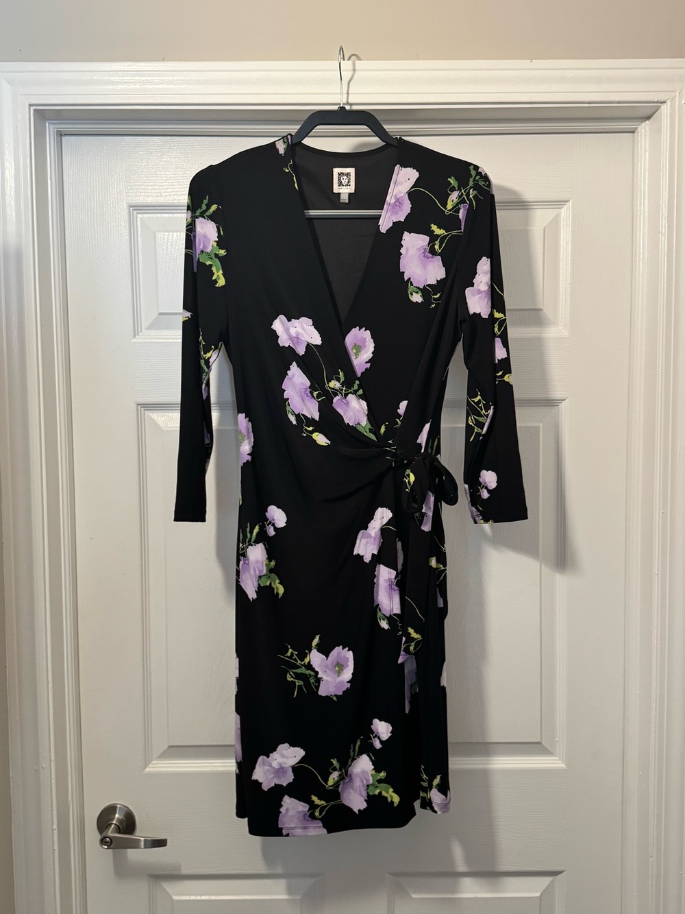 Anne Klein Black Wrap Dress with Lavender Floral Print